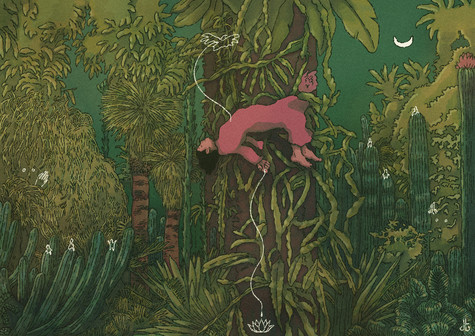 A vividly colored painting of a brown-skinned figure floating in the air in a lush jungle as a crescent moon rises in the green sky.