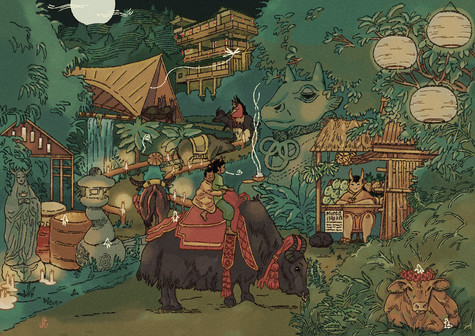 A watercolor and ink drawing of a procession of oxen going up a hill and over a bridge that sits atop a waterfall. A horned statue surrounded by candles and offerings stands to the left, while a fruit stand, giant stone cow statue, and paper lanterns appear on the right.