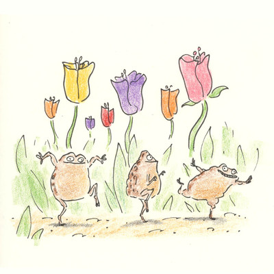 A cartoon illustration of three toads humorously tip toeing through a garden of tulips.