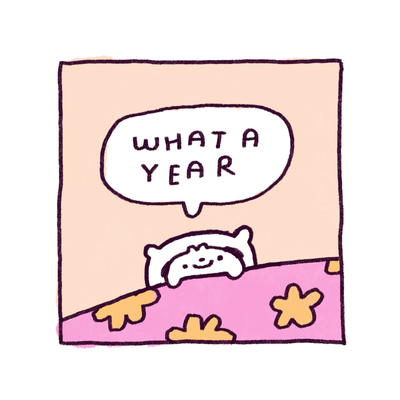 Momo under his sheets and he says “what a year”