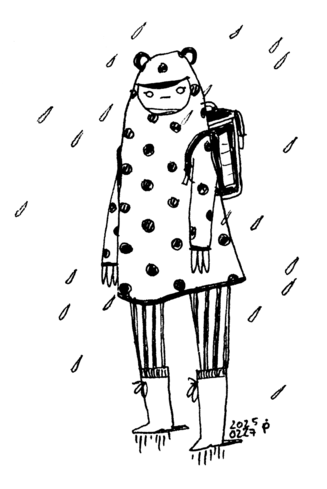 drawing of a person standing in the rain, wearing boots, striped pants and a big poncho with polka dots, staring at the viewer in an aggressively neutral way. we're not sure if they even really see us, if they're sad or spacing out or grumpy or pondering something deeply meaningful. also they're wearing a backpack that looks a lot like the ones young school children wear. and the poncho has ears. round ears like a bear or a tiger.
